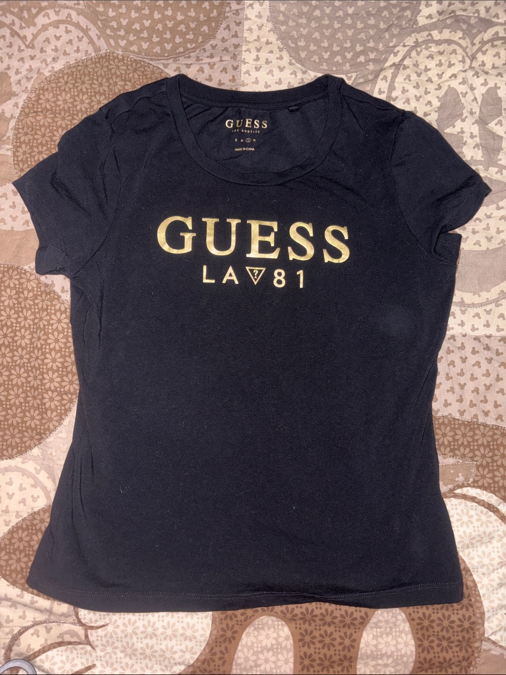 GUESS Black Short-Sleeve Tee with Gold Logo